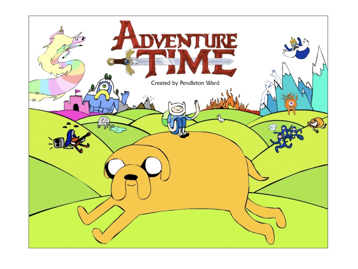 Adventure Time animated series pitch deck cover page with clapperboard-style layout showing the show bible design
