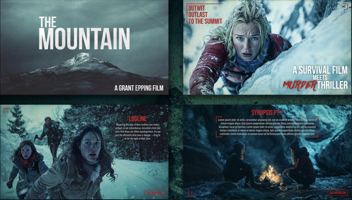 The Mountain feature film pitch deck slide with moody mountain landscape photography and title treatment overlay