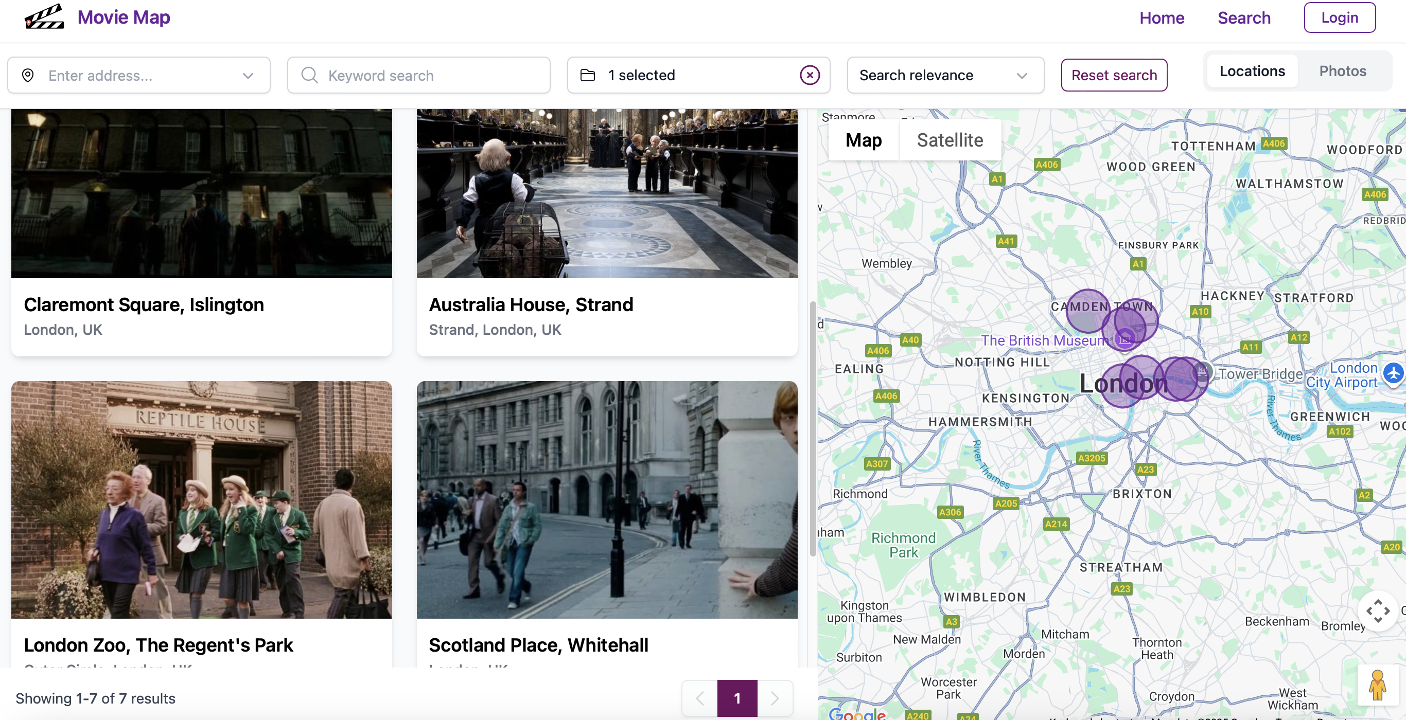 SuperScout Movie Map showing Harry Potter London filming locations including Claremont Square, Australia House and Scotland Place on Whitehall