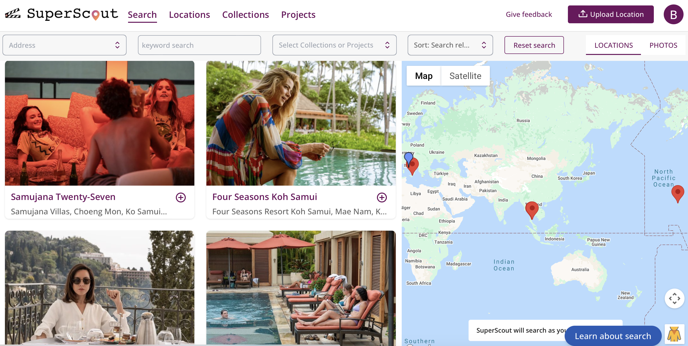 SuperScout location database interface showing filming locations on map with search and filter tools