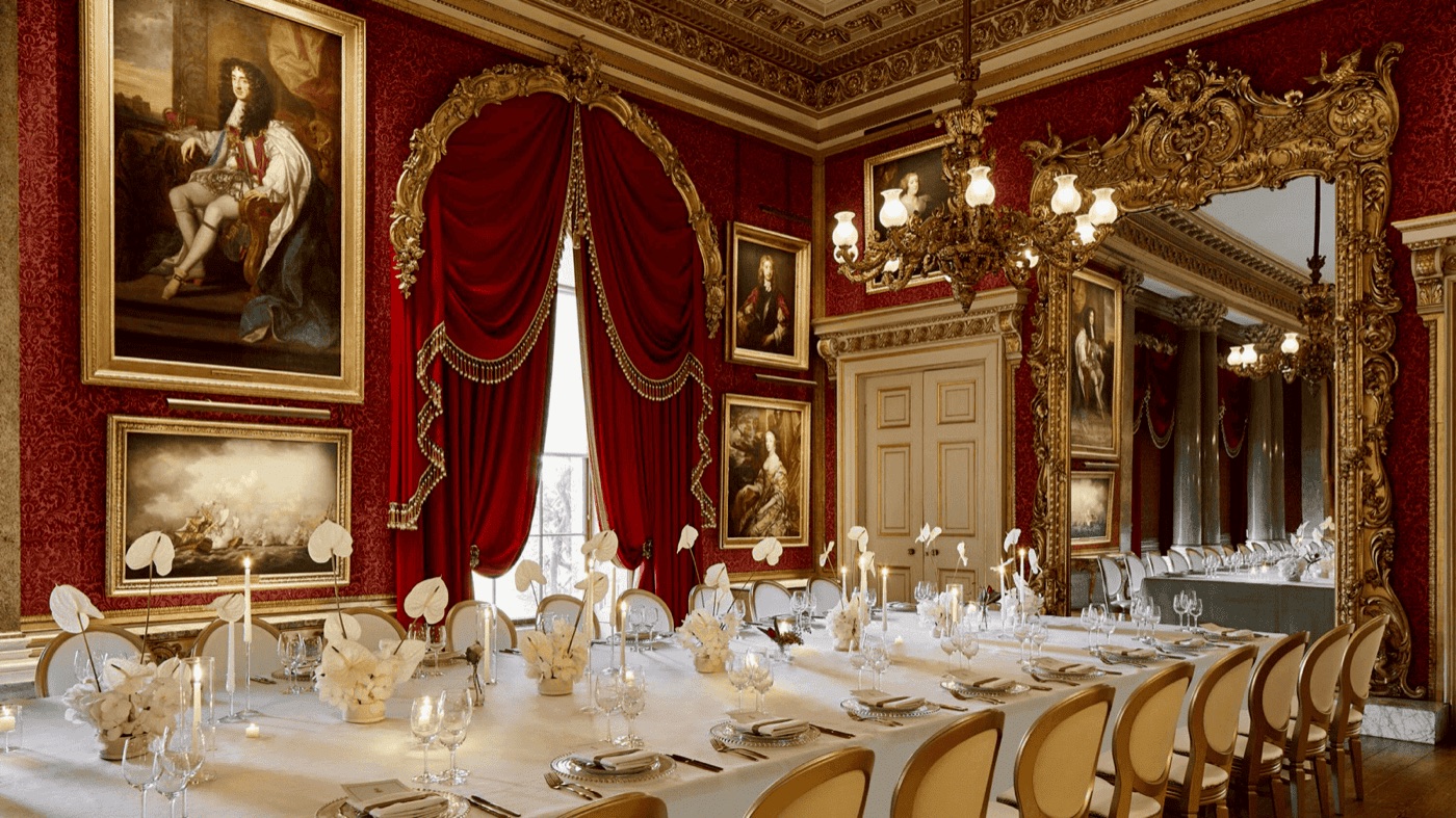 Wedding dinner table setup inside The Goodwood House
